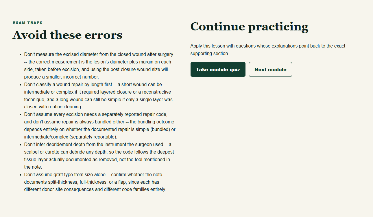 CPC lesson conclusion with common exam errors, module quiz, and next-module controls