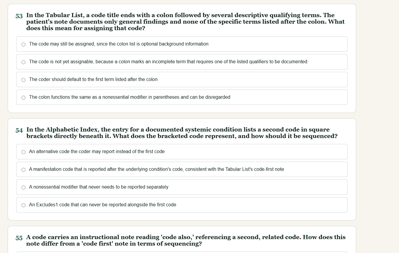 CPC practice questions covering ICD-10-CM Tabular List and Alphabetic Index conventions