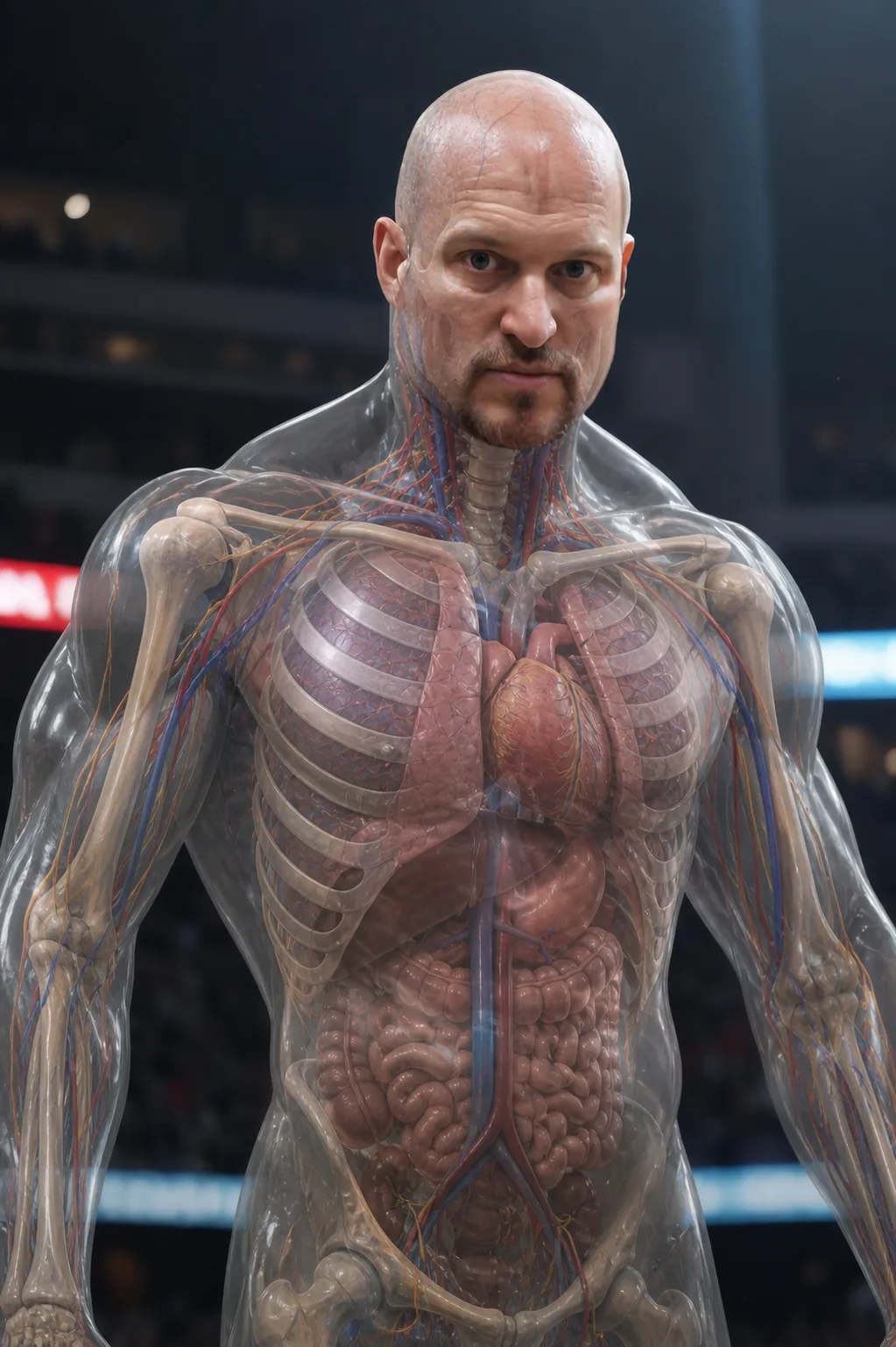 Transparent anatomical figure with visible skeletal, cardiovascular, respiratory, and digestive systems