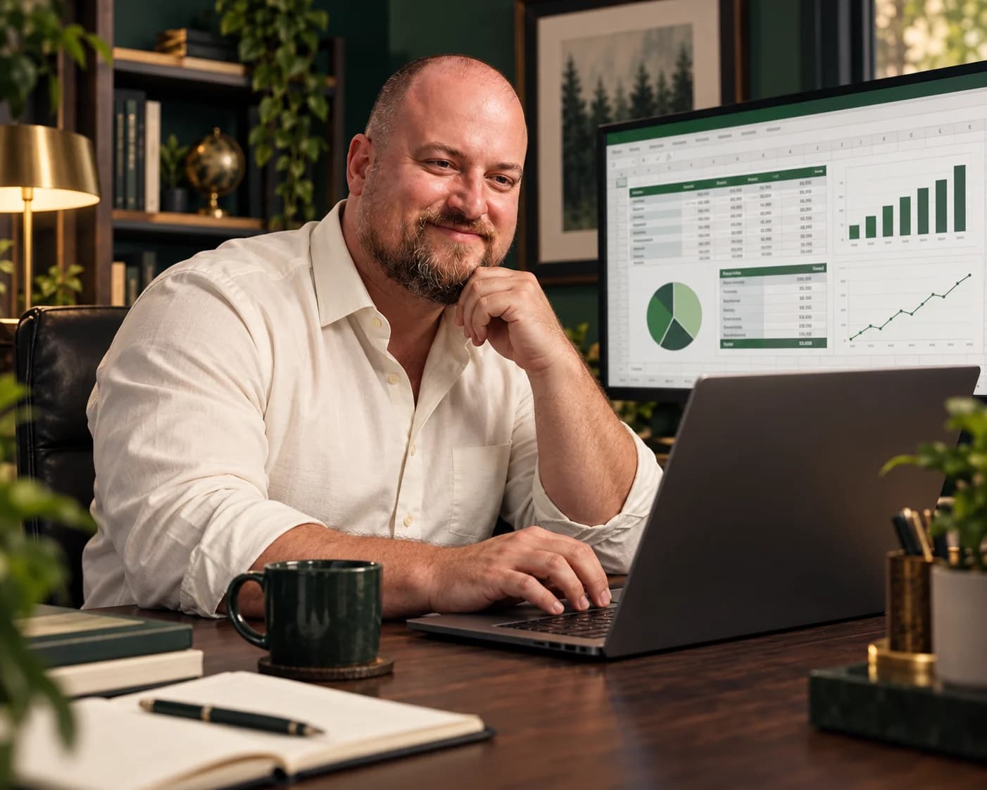SkyLock Media founder working at a laptop beside a spreadsheet dashboard
