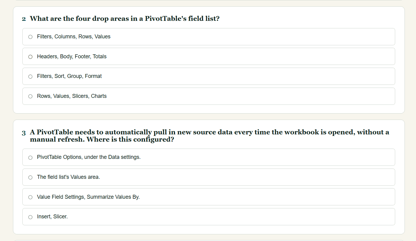 Excel Master Class quiz questions on a PivotTable's four field-list drop areas and where automatic refresh-on-open is configured