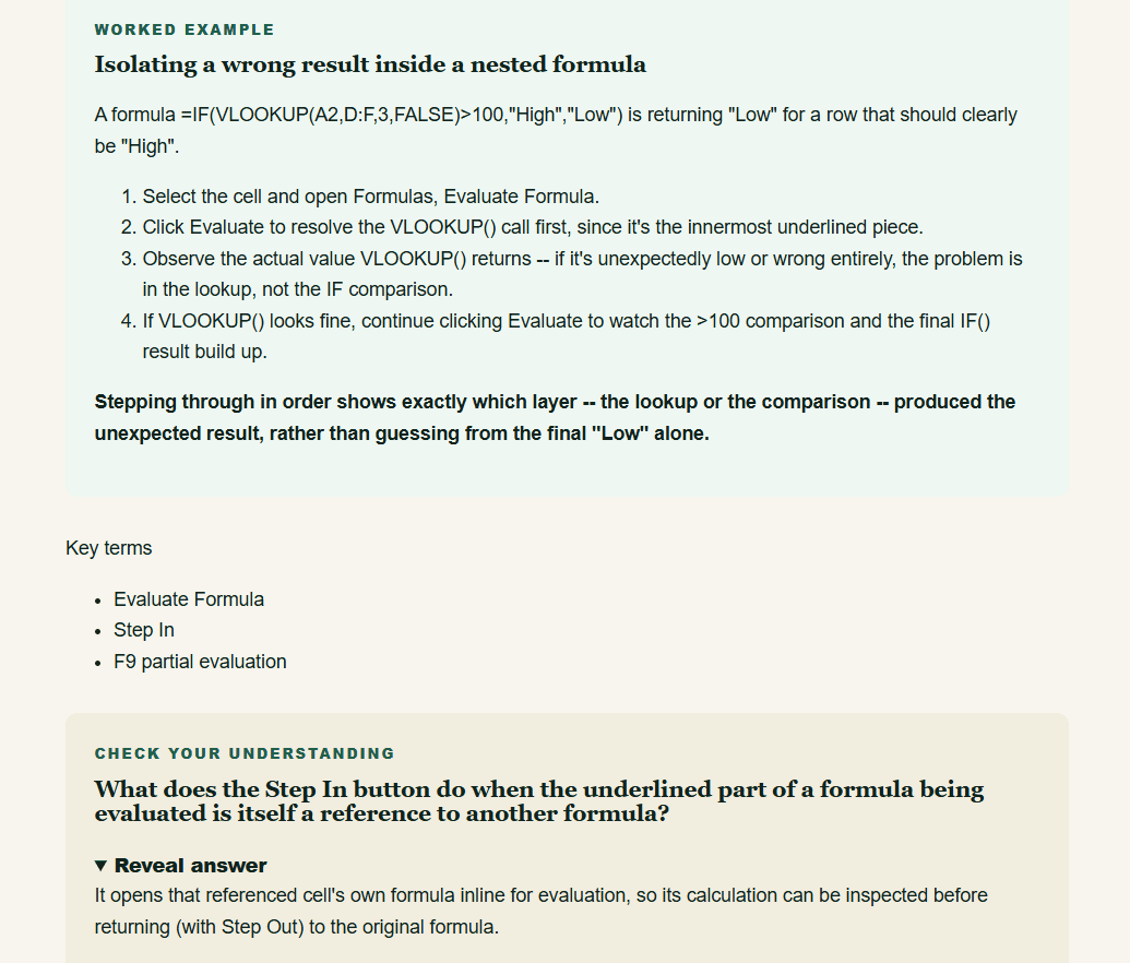 Excel Master Class worked example isolating a wrong result inside a nested VLOOKUP and IF formula using Evaluate Formula, with key terms and a reveal-answer knowledge check
