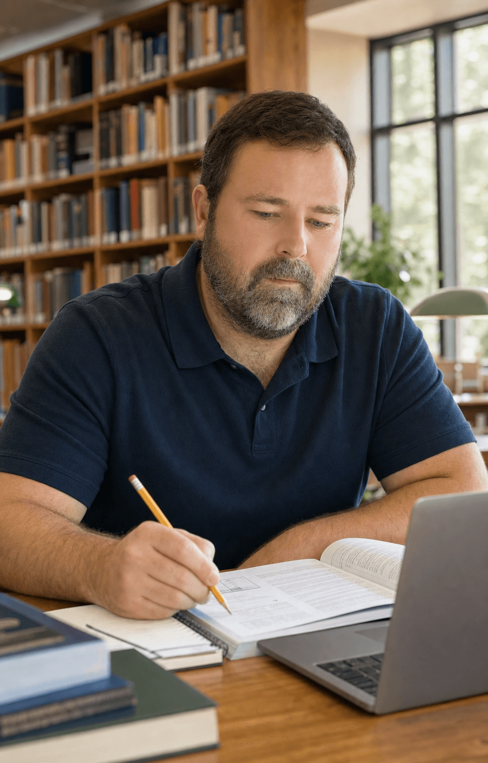 A professional studying certification materials in a library