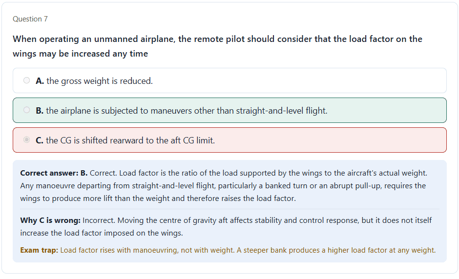 Part 107 practice question showing a detailed answer explanation and exam trap