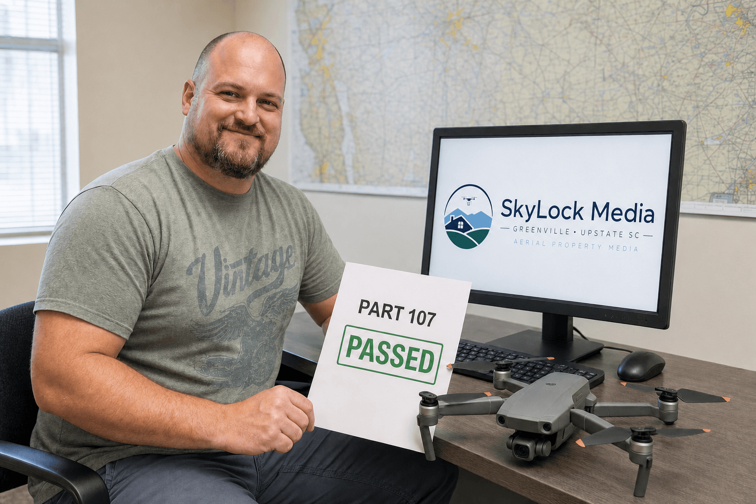A successful Part 107 learner holding a passed sign beside a drone and SkyLock Media display