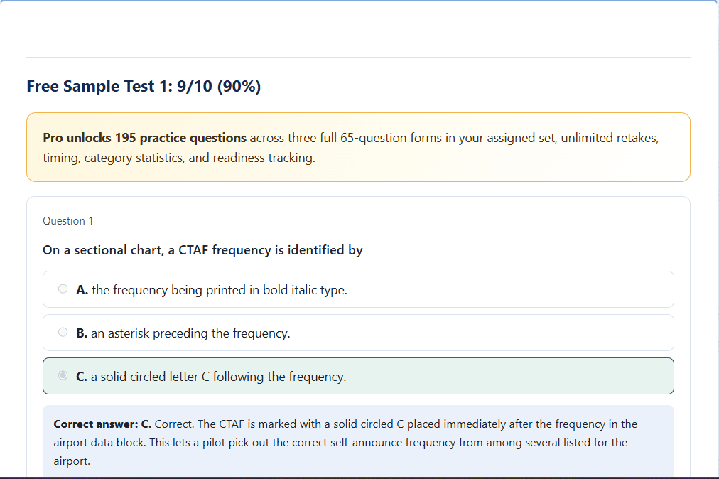 Part 107 sample test result with score, explanations, and Pro practice features