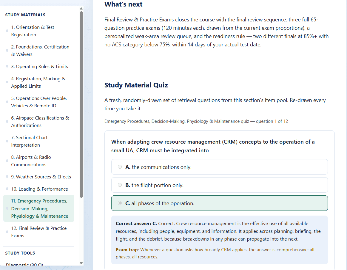Part 107 study material quiz with an answer explanation