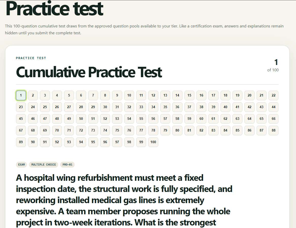 PMP cumulative practice test showing a 100-question navigator and an exam-style scenario question