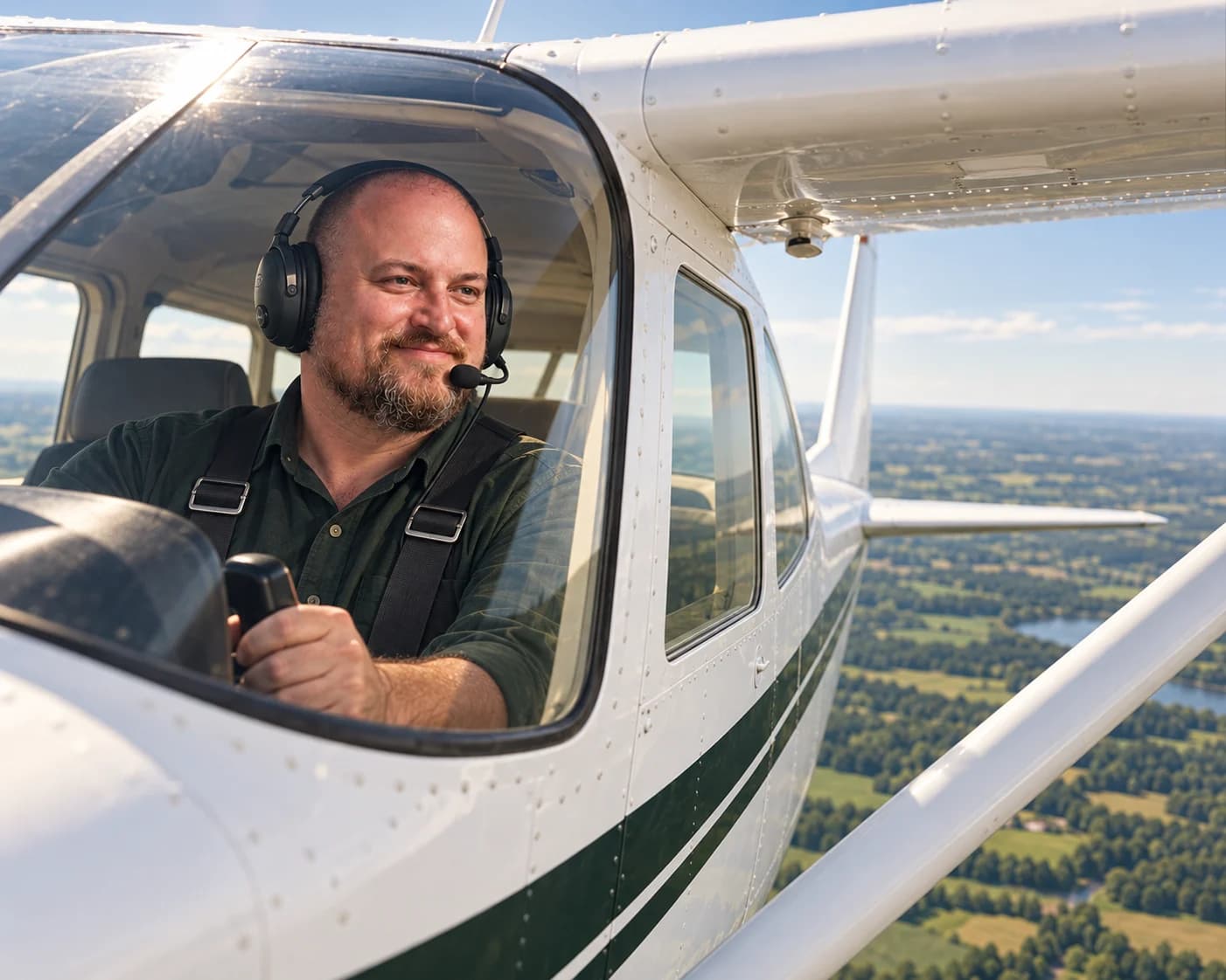 SkyLock Media founder flying a small airplane above a green landscape