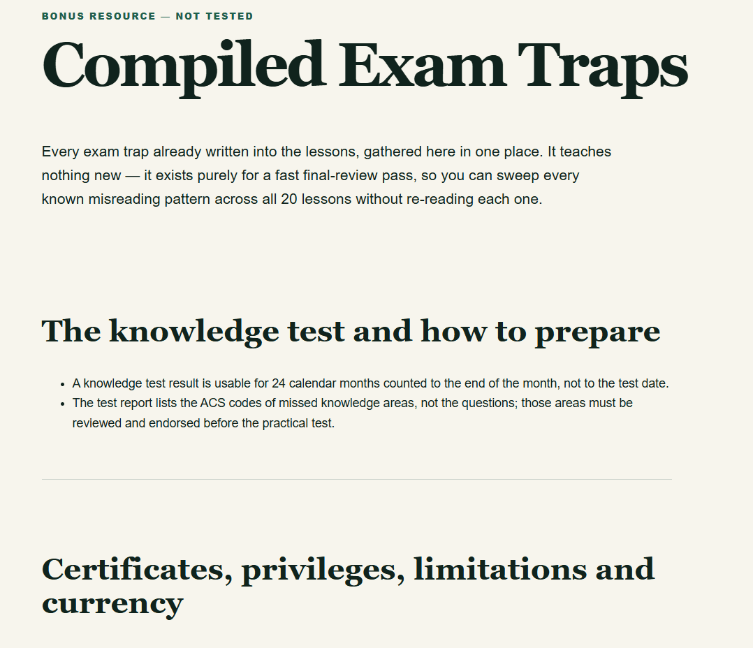 Private Pilot compiled exam traps page gathering every lesson's traps in one place for a final review pass