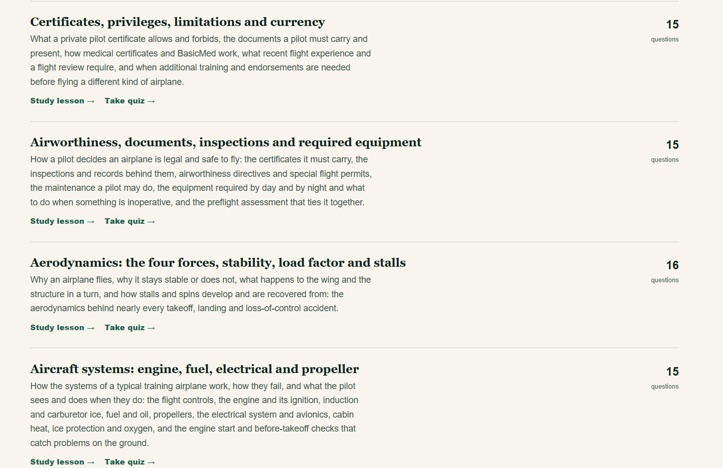 Private Pilot curriculum listing the certificates and currency, airworthiness, aerodynamics, and aircraft systems lessons, each with its question count and study and quiz links