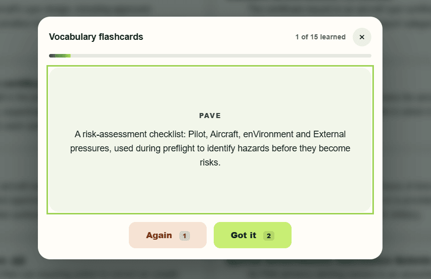 Private Pilot vocabulary flashcard defining the PAVE risk-assessment checklist, with Again and Got it buttons and a progress bar
