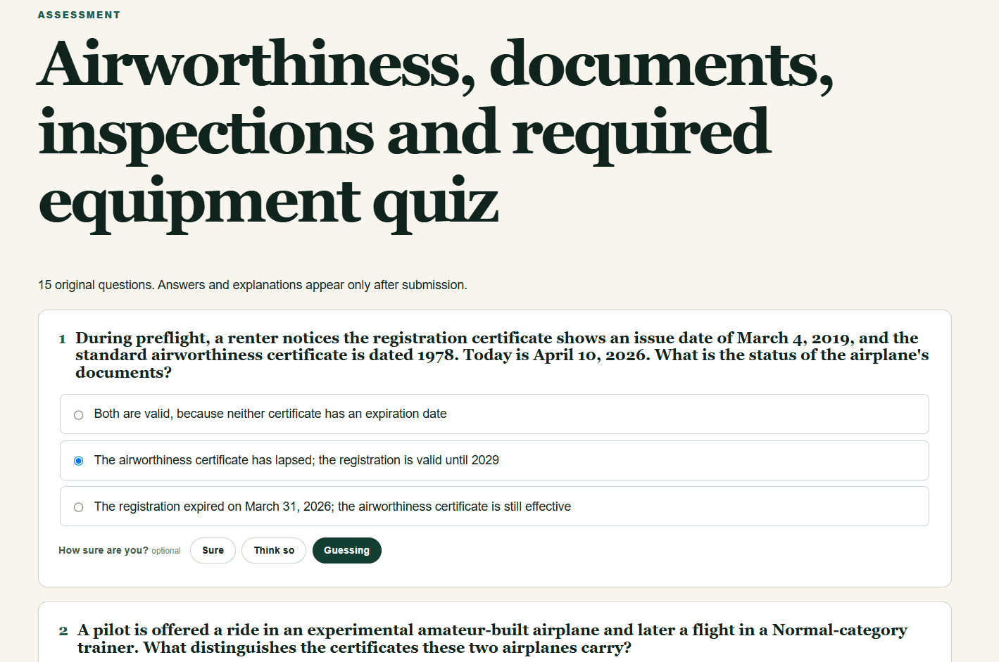 Private Pilot airworthiness quiz question on whether a registration certificate and a standard airworthiness certificate are still valid, with a confidence rating