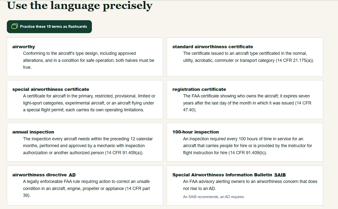 Private Pilot vocabulary cards defining airworthy, standard and special airworthiness certificates, registration, annual and 100-hour inspections, airworthiness directives, and SAIBs, each with its regulation