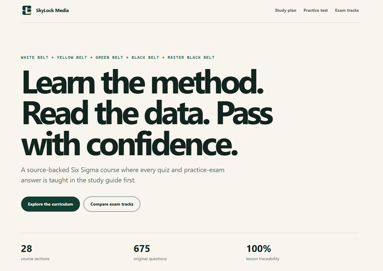 SkyLock Media Six Sigma course overview with curriculum, exam tracks, and course statistics