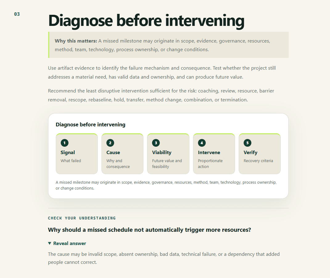 Six Sigma lesson showing a five-step diagnostic and intervention framework