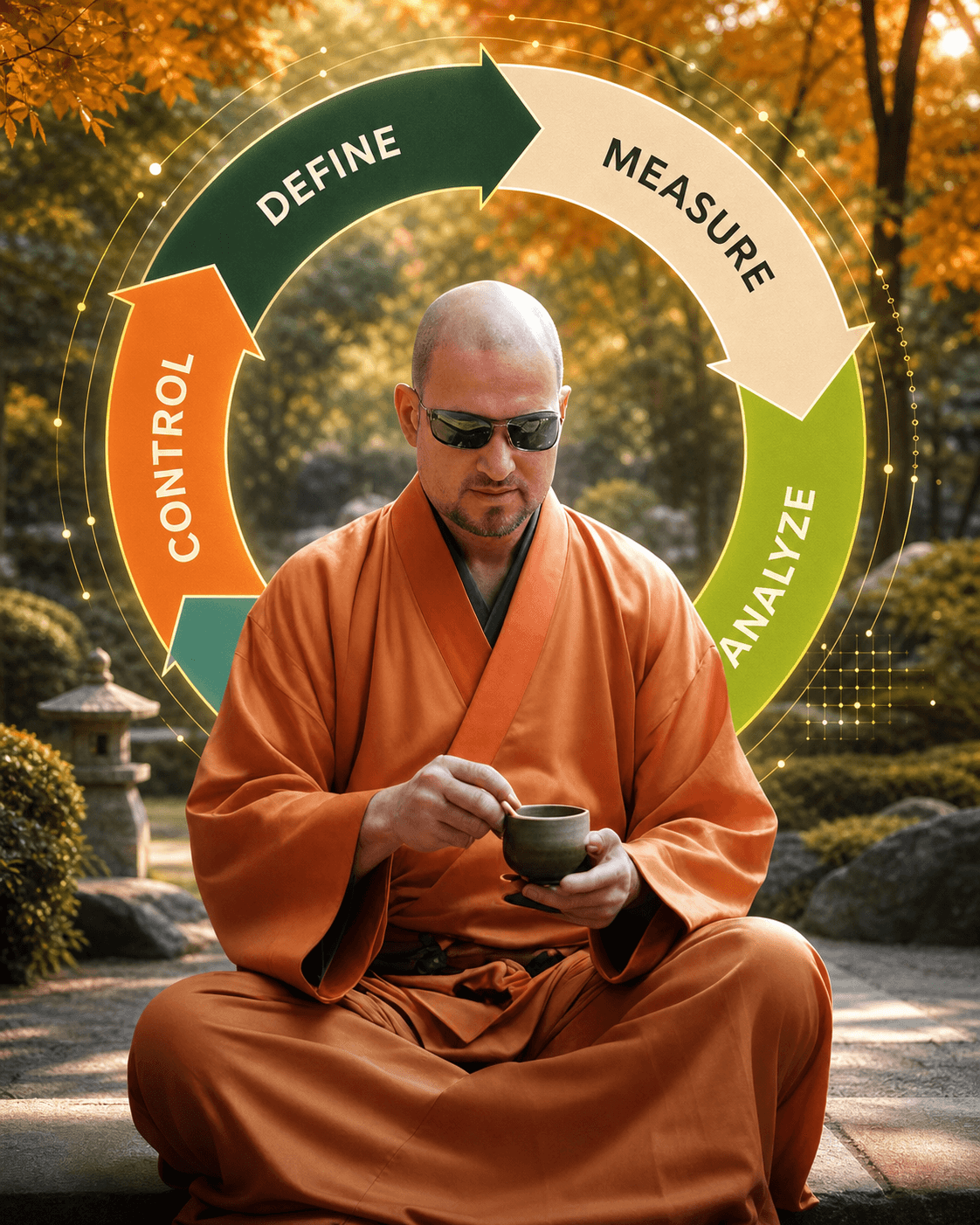 Six Sigma DMAIC cycle behind a seated process-improvement practitioner