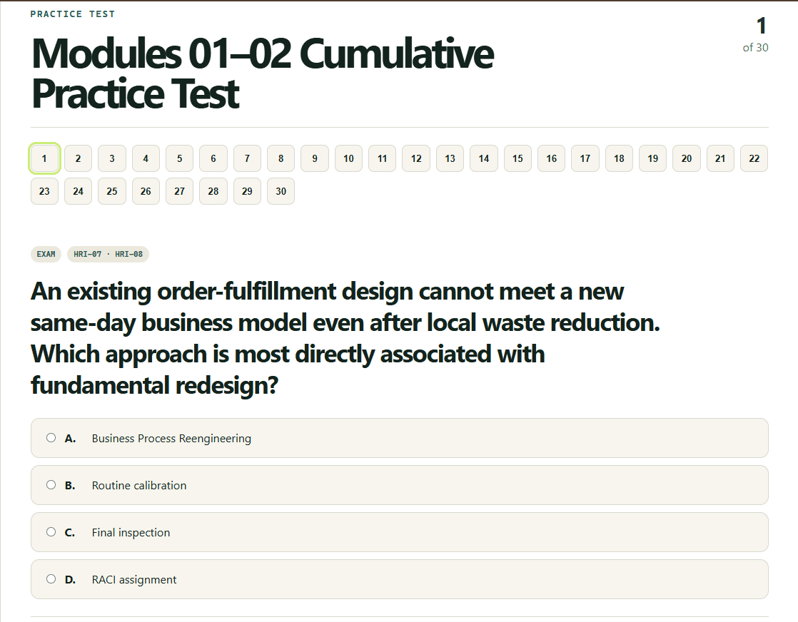 Six Sigma cumulative practice test with 30 multiple-choice questions and exam-style navigation