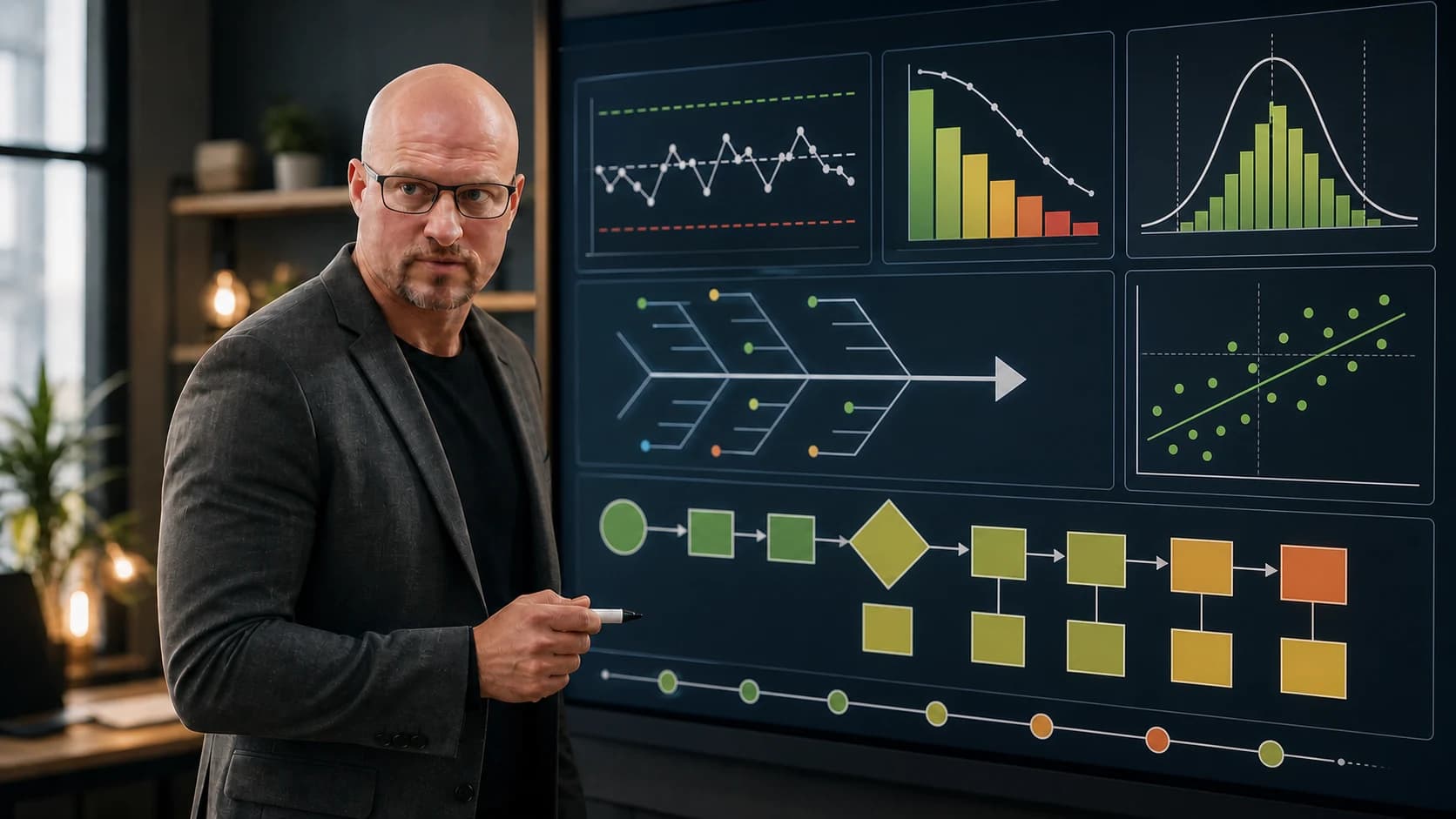 Professional analyzing Six Sigma methods on a digital dashboard