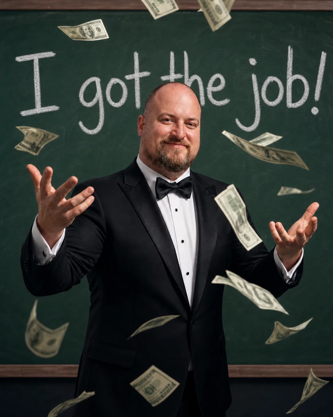 SkyLock Media founder in a tuxedo celebrating in front of a chalkboard that reads I got the job